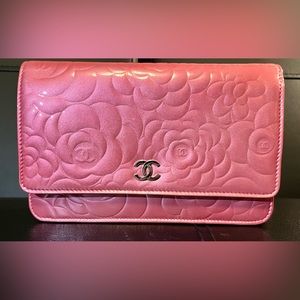 SOLD. CHANEL Camellia Patent Leather Wallet on Chain WOC in Rose Pink